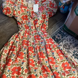 NWT &Merci Cream‎ Orange Floral Puff Sleeve Back Cut Out Lindsay SunDress thumbnail 10