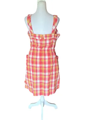 Merrell Cotton Linen Pinafore Sundress Red Yellow Plaid Womens Size Medium thumbnail 2