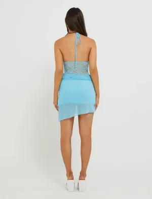 Tiger Mist Kaelin Lace Mini Halter Dress in Bright Ice Blue Size small NWT thumbnail 5