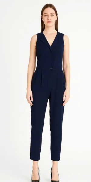 J.Crew Navy Blue Trench Jumpsuit One Piece Pants Crop Silky Sz 2 Pockets Career thumbnail 1