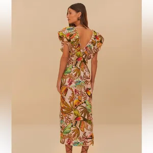 NWT Farm Rio Into The Jungle Premium Linen Midi Dress Pink XS thumbnail 2