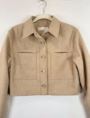 Aritzia Wilfred Womens Jacket Beige Little Cropped Button Up Crepette Stretch XS thumbnail 8
