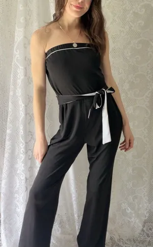 Vintage Cimmaron Dress Black Strapless Wide Leg Jumpsuit Minimalist 80s thumbnail 1