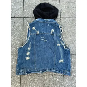 Others Follow Women Hooded Denim Vest Distressed Blue Jean Jacket Sleeveless XL thumbnail 8