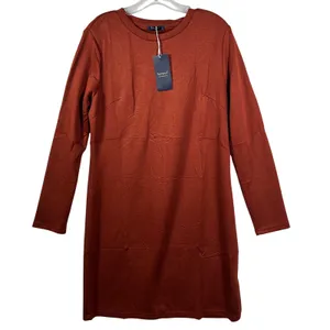 Sampeel Womens Long Sleeve Crew Neck T-Shirt Dress Rust Orange Side‎ Slit Large thumbnail 1