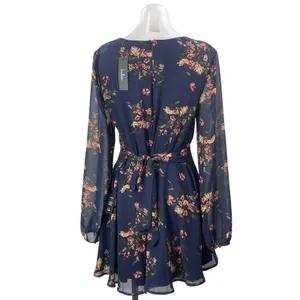 NEW Lulus Blue Floral Long Sleeve Mesh V Neck Button Fit & Flare Mini Dress Sz M thumbnail 3