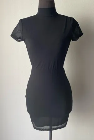 Lucy in‎ the Sky Black Mesh Sheer Turtleneck Bodycon Mini Dress sz S Whimsigoth thumbnail 1