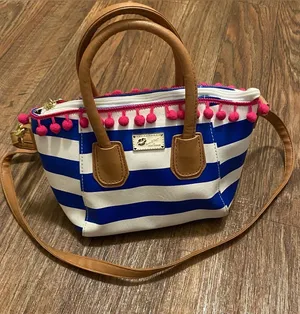 Luv Betsey Johnson Nautical Mini Tote Bag Purse Blue White Stripes Pink Pom 7x10 thumbnail 1