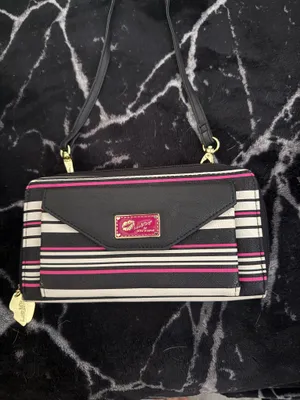 Betsey Johnson Black, White & Pink Striped Crossbody Wallet thumbnail 2