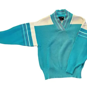 VTG 80’s Women’s Virgin Wool Colorblock Sweater Sz M Blue Cream Stripe thumbnail 3