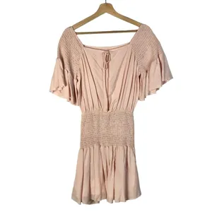 Free‎ People Sam Light Pink Smocked Short Sleeve Mini Dress S thumbnail 4