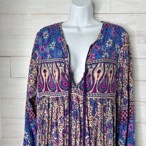 Womens Long Sleeve Floral Print Retro V Neck Tassel Midi Dress Size Medium 8/10 thumbnail 2