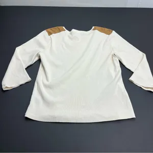 Lauren Ralph‎ Lauren Ribbed Top Cream Brown Faux Suede Patch Medium Western FLAW thumbnail 11