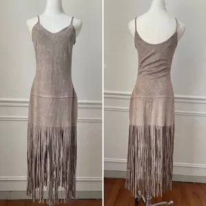 Design Lab Beige Moleskin Sueded Fabric Spaghetti Strap Fringe Slip Dress XS thumbnail 1