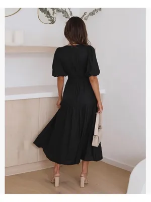 NEW Short Puffy Sleeve V Neck A-Line Flowy Wrap Wedding Guest Lined Dress S thumbnail 7