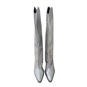 Steve Madden Metallic Silver Crinkled Knee High Block Heel Pointed Toe Boots 6.5 thumbnail 5