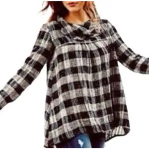 Free People Walk in the Park Plaid Cozy Cowl Tunic Sweater w/ Pockets. Size M thumbnail 1