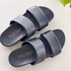 Beautiisoles Navy Blue Double-Strap Leather Minimalist Summer Slide Sandals thumbnail 8