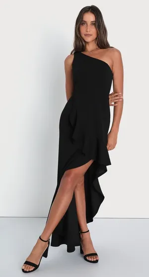 NWT Lulus Dramatic Persona Black One-Shoulder Ruffled Maxi Dress Holiday Party M thumbnail 1