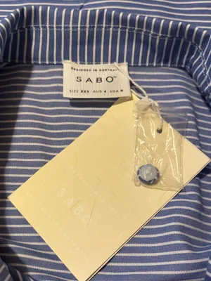 SABO SKIRT Oversized Blue & White Striped Button-Down Short Cuff Sleeve Blouse thumbnail 6