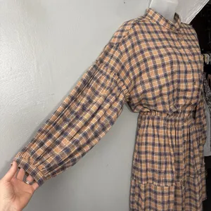 Peach Love Plaid Flannel Shirt Dress Size Small Renaissance Boho Poet Western thumbnail 4