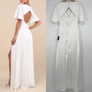 Lulus Satin Maxi Dress M White Flutter Sleeve Cutout Wedding Elopement Bridal thumbnail 6