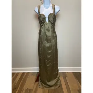 Vestique Satin Maxi Dress Size S Olive Green Keyhole Empire Waist New With Tag thumbnail 9
