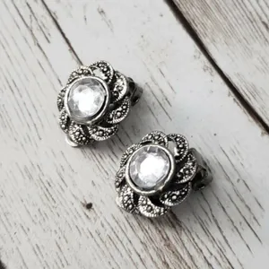 Vintage Clip On Earrings Large Clear Gem with Ornate Dark Silver Tone Halo thumbnail 2