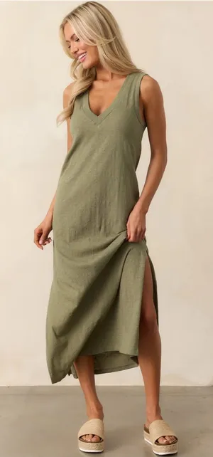 Z Supply Palisades Midi Dress Olive Green V Neck Cotton M thumbnail 1