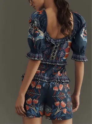 Farm Rio Puff-Sleeve Ruffled Floral Cotton Romper, Size S/M thumbnail 3