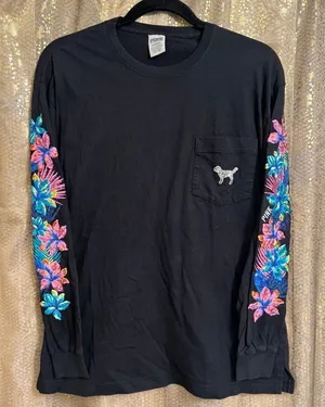 PINK Victorias Secret Black Tropical Floral Sequin Bling Long Sleeve Top Small thumbnail 1