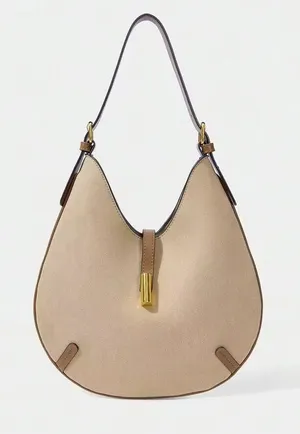NEW faux leather round Light Taupe cream Crescent Shoulder Bag with Gold Accent thumbnail 1