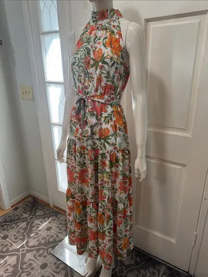 Petal&Pup Floral Halter Maxi Dress in White with Orange & Green Size 4 thumbnail 8