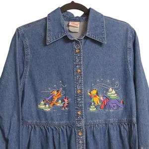 Disney Womens Shirt Dress Blue Denim Long Sleeve Embroidered Winnie The Pooh M thumbnail 2