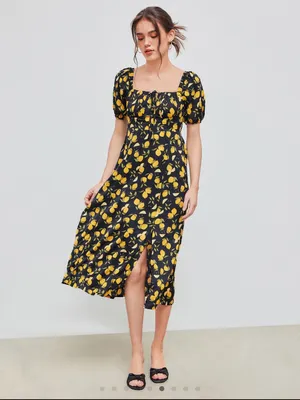 Cider LEMON SPLIT KNOTTED SHIRRED MIDI DRESS thumbnail 4
