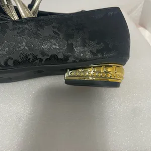 Black Floral Mary Jane Heels with Gold Toe and Pearl-Embellished Strap thumbnail 5
