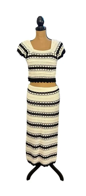 Freshman 1996 Crochet 2 Piece Maxi Skirt Set L Black Ivory Boho Coachella thumbnail 1
