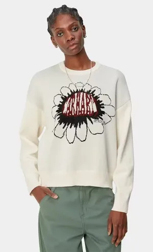 Carhartt WIP Sweater Women‎ Small Ivory Gray Cotton Knit Pixel Flower Streetwear thumbnail 1