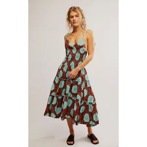 Free People Bohemian Beachy Hawaiian Adriel Midi Dress Brown Blue Floral Size XL thumbnail 12