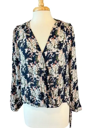 Lucky Brand Navy Floral Wrap Blouse Medium thumbnail 1