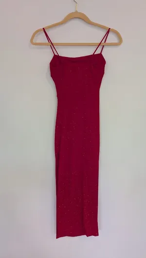 Red Glitter Ruched Strappy Bodycon long Dress Sleeveless Pullover Women XS thumbnail 7