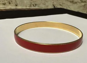 Vintage Crown Trifari Red enamel Gold Tone Bangle Bracelet Signed 8 Inch thumbnail 1