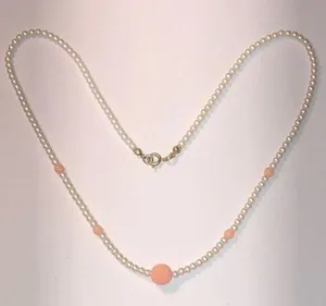 Vintage White Faux Pearl Pink Carved Flower Dainty Boho Necklace thumbnail 1