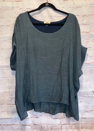 Umgee Slate Blue Relaxed Scoop Neck Tunic Dolman short sleeves textured M lined thumbnail 1
