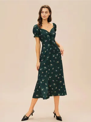Rihoas Green Puffed Sleeve Floral Midi Dress thumbnail 5