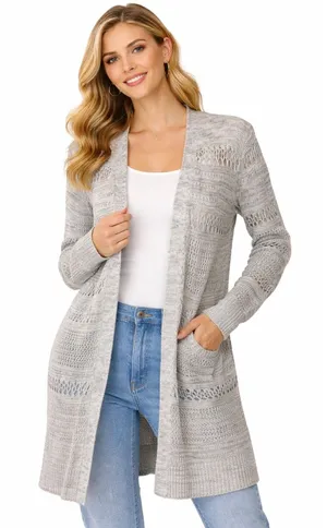 LOFT Outlet Cardigan Women Medium Grey‎ Open Knit Pointelle Longline Sweater thumbnail 1
