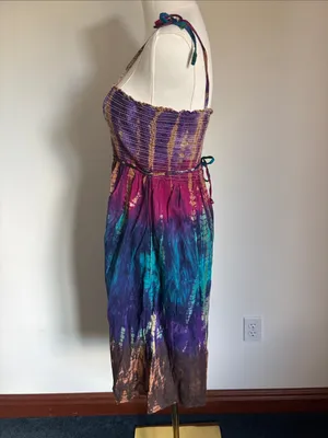 Motherhood Maternity Purple Teal Brown Tie-Dye Smocked Midi Dress thumbnail 3