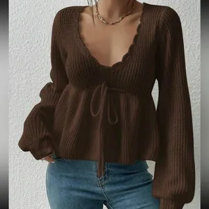 Women's Plain Drawstring Tie Front Scallop Trim Crop Knit Top Brown Size M thumbnail 1