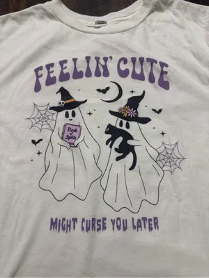 Feelin' Cute Halloween Ghost Graphic Tee - Off White & Purple thumbnail 2