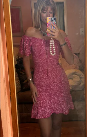 Pink and white polka dot fitted dress thumbnail 3